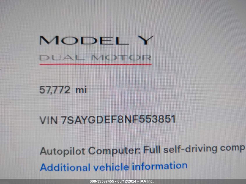 2022 Tesla Model Y Performance Dual Motor All-Wheel Drive VIN: 7SAYGDEF8NF553851 Lot: 39597455