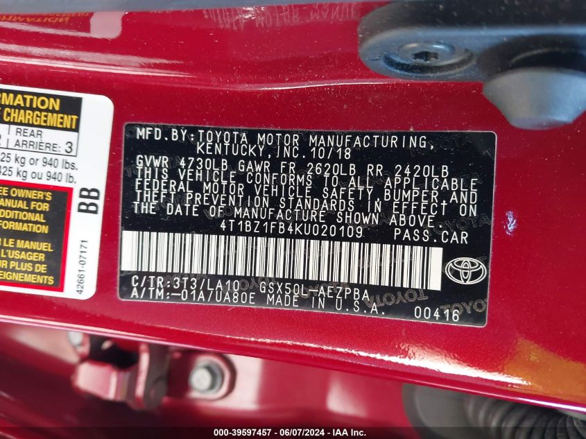 2019 Toyota Avalon Limited VIN: 4T1BZ1FB4KU020109 Lot: 39597457