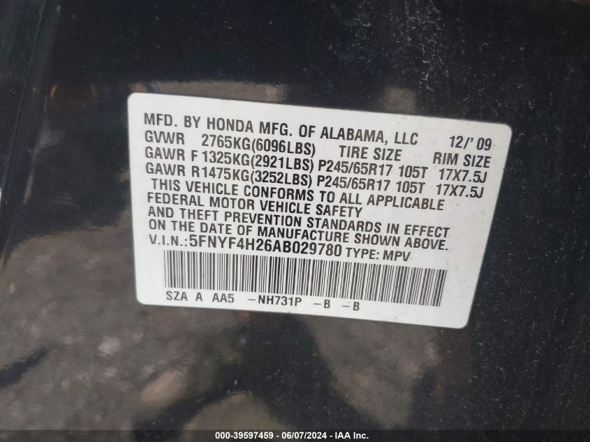 2010 Honda Pilot Lx VIN: 5FNYF4H26AB029780 Lot: 39597459