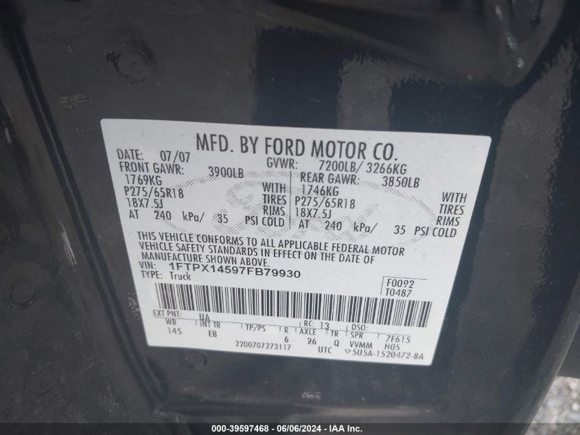 2007 Ford F-150 Fx4/Lariat/Xl/Xlt VIN: 1FTPX14597FB79930 Lot: 39597468