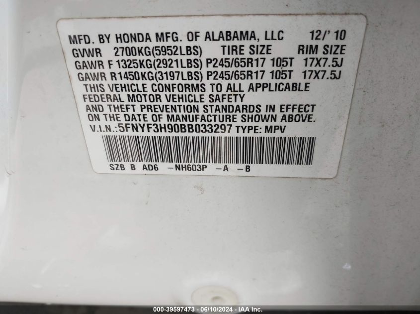 2011 Honda Pilot Touring VIN: 5FNYF3H90BB033297 Lot: 39597473