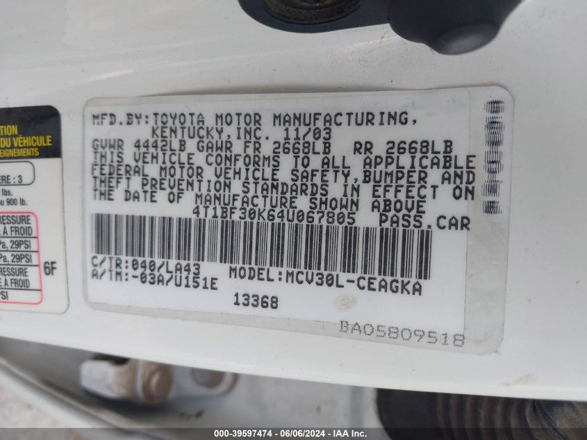 2004 Toyota Camry Xle V6 VIN: 4T1BF30K64U067805 Lot: 39597474