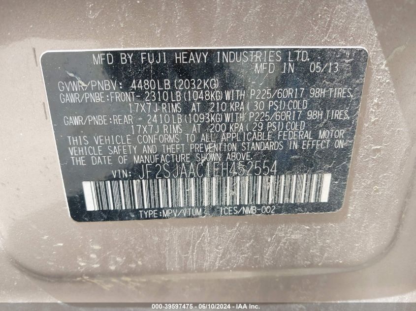 2014 Subaru Forester 2.5I VIN: JF2SJAAC1EH452554 Lot: 39597475