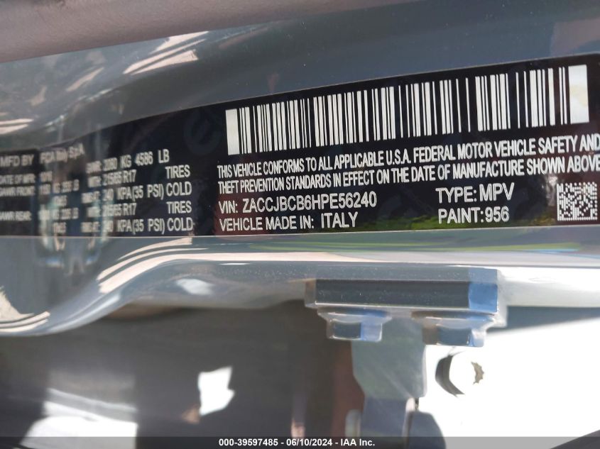 2017 Jeep Renegade Trailhawk 4X4 VIN: ZACCJBCB6HPE56240 Lot: 39597485