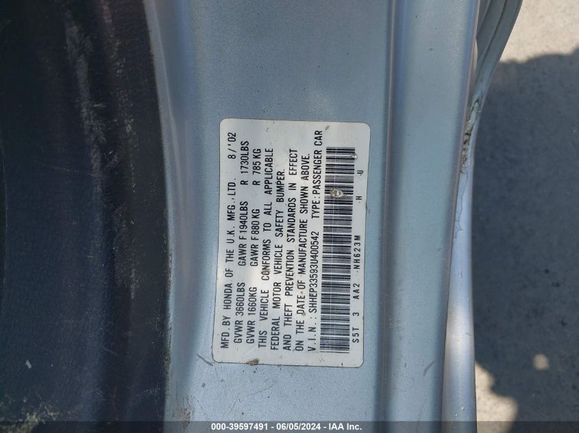 2003 Honda Civic Si VIN: SHHEP33593U400542 Lot: 39597491