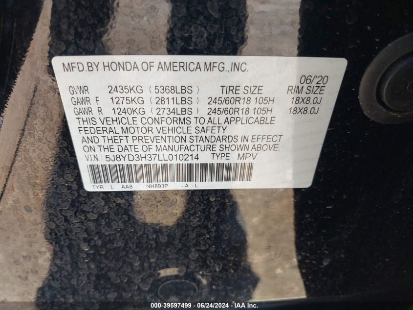 5J8YD3H37LL010214 2020 Acura Mdx Standard