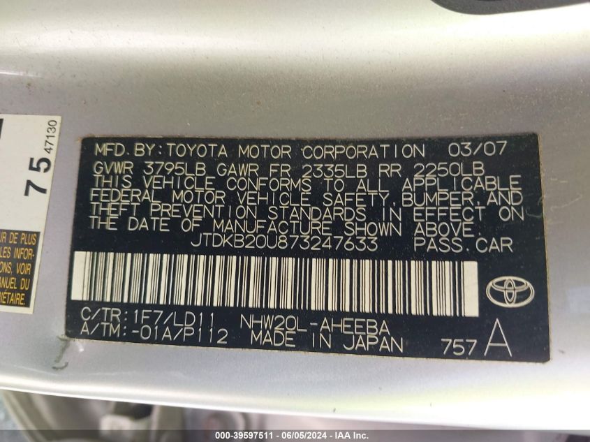 2007 Toyota Prius VIN: JTDKB20U873247633 Lot: 39597511