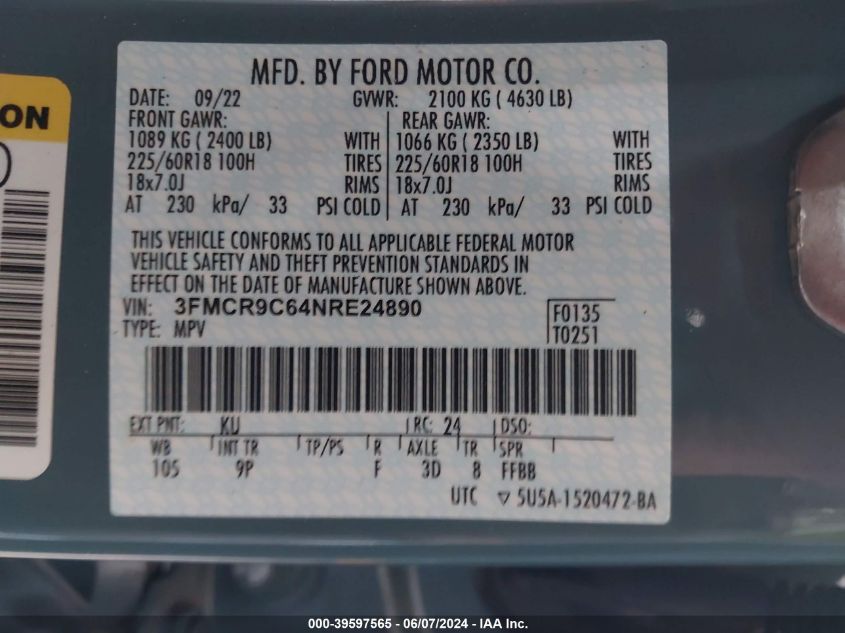 2022 Ford Bronco Sport Outer Banks VIN: 3FMCR9C64NRE24890 Lot: 39597565