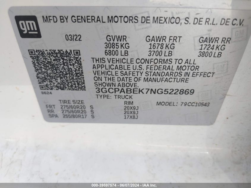 2022 Chevrolet Silverado 1500 2Wd Short Bed Custom VIN: 3GCPABEK7NG522869 Lot: 39597574