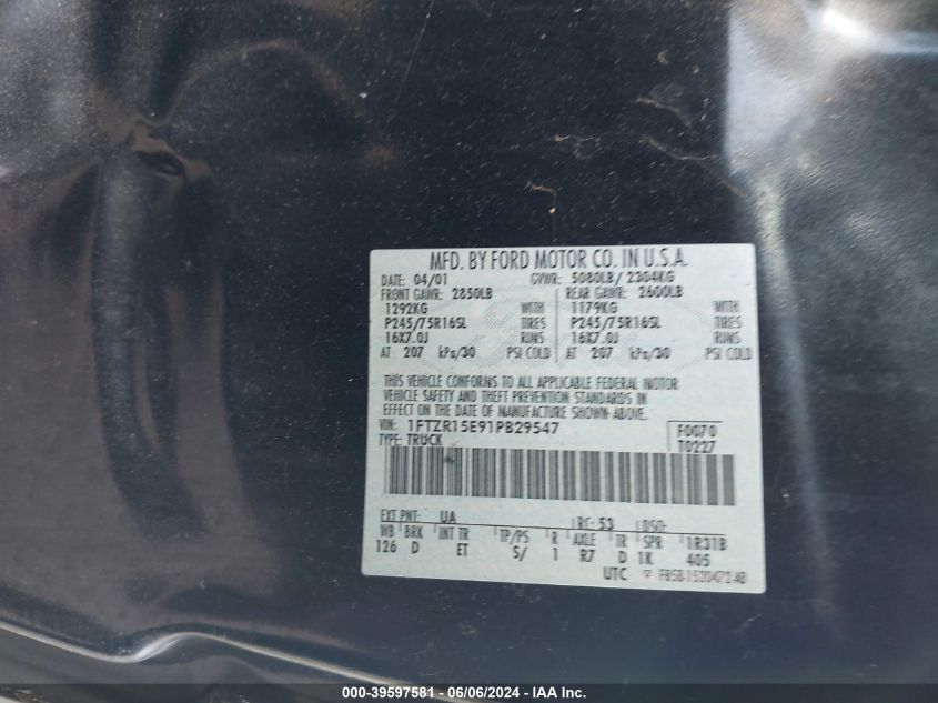 2001 Ford Ranger Edge/Xlt VIN: 1FTZR15E91PB29547 Lot: 39597581