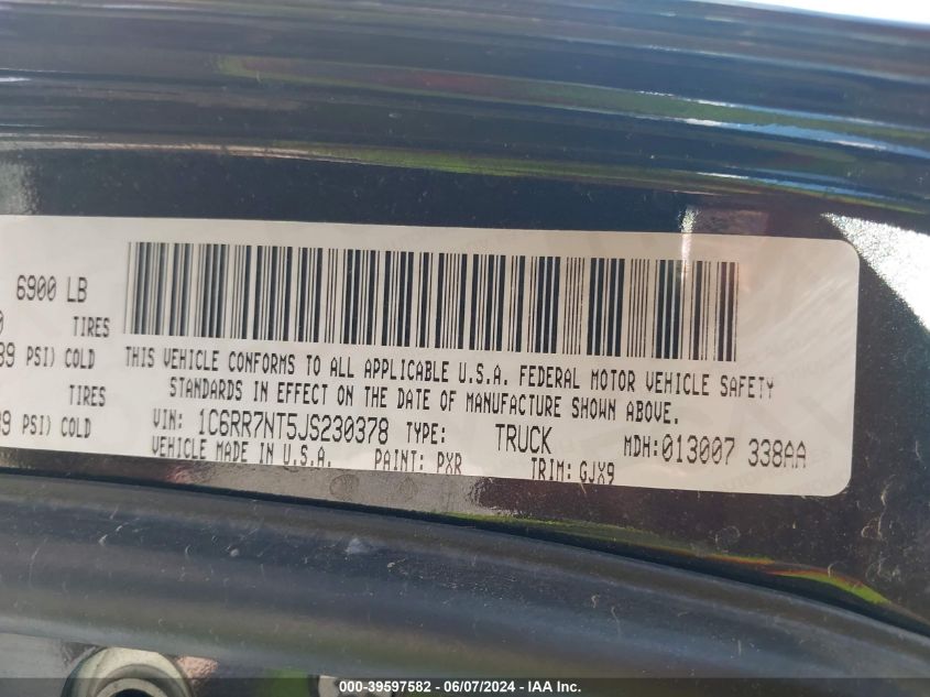 2018 Ram 1500 Laramie 4X4 5'7 Box VIN: 1C6RR7NT5JS230378 Lot: 39597582
