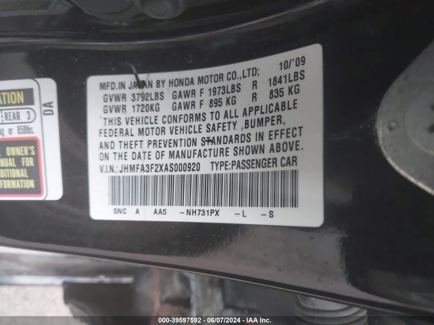 2010 Honda Civic Hybrid VIN: JHMFA3F2XAS000920 Lot: 39597592