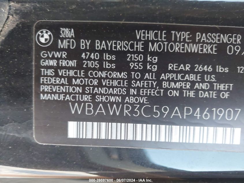 2010 BMW 328I VIN: WBAWR3C59AP461907 Lot: 39597600