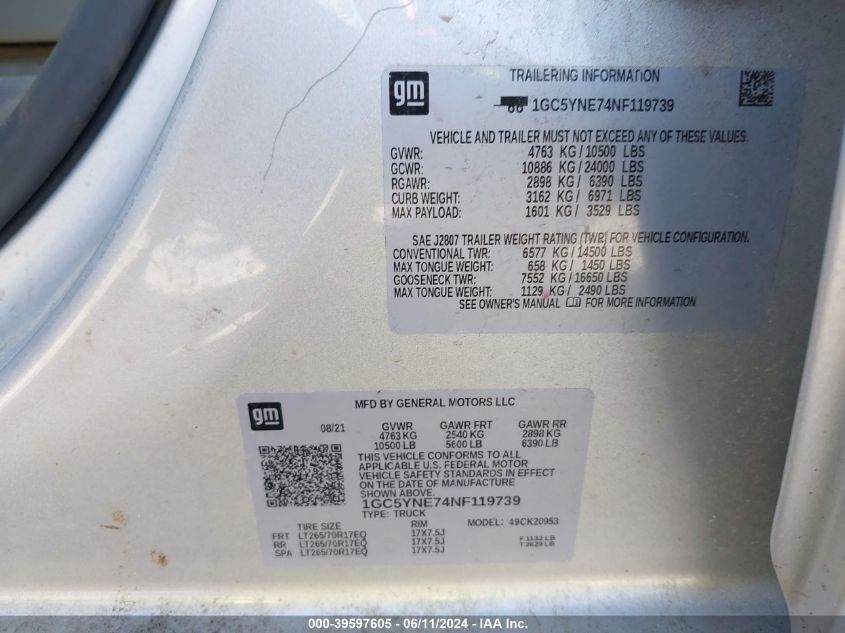 2022 Chevrolet Silverado 2500Hd 4Wd Double Cab Long Bed Lt VIN: 1GC5YNE74NF119739 Lot: 39597605
