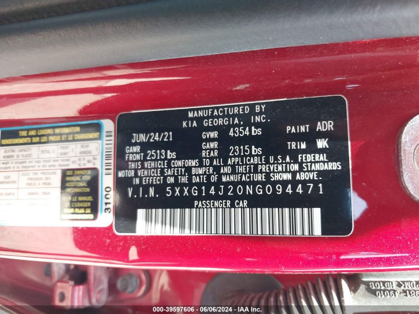 2022 Kia K5 Lxs VIN: 5XXG14J20NG094471 Lot: 39597606