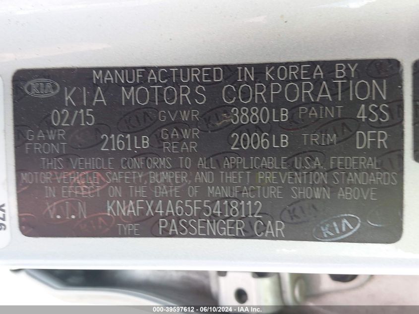 2015 Kia Forte Lx VIN: KNAFX4A65F5418112 Lot: 39597612