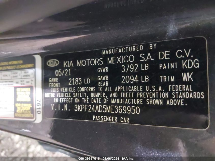 2021 Kia Forte Lxs VIN: 3KPF24AD5ME369950 Lot: 39597615