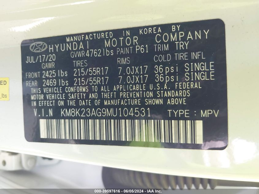 2021 HYUNDAI KONA ELECTRIC SEL KM8K23AG9MU104531