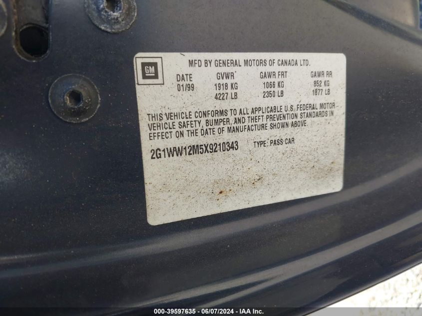 1999 Chevrolet Monte Carlo Ls VIN: 2G1WW12M5X9210343 Lot: 39597635