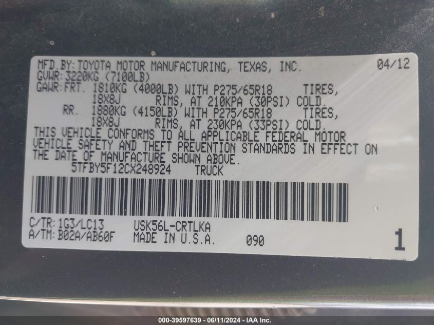 2012 Toyota Tundra Limited 5.7L V8 VIN: 5TFBY5F12CX248924 Lot: 39597639