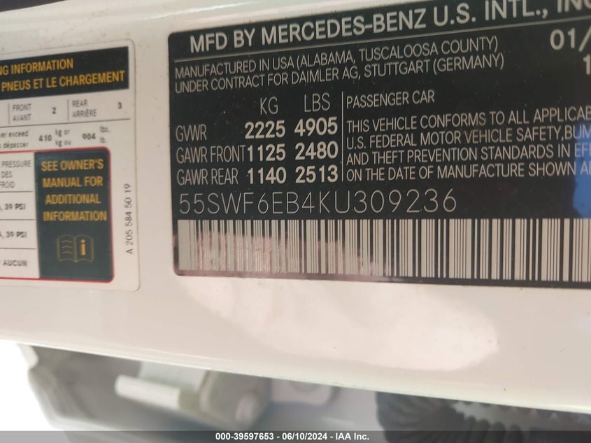 2019 Mercedes-Benz Amg C 43 4Matic VIN: 55SWF6EB4KU309236 Lot: 39597653