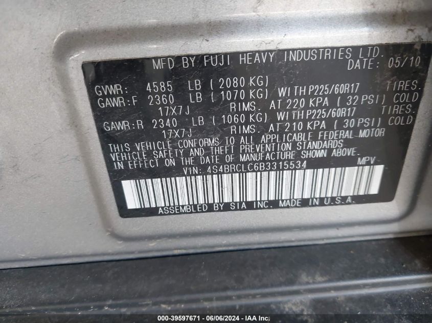 2011 Subaru Outback 2.5I Limited VIN: 4S4BRCLC6B3315534 Lot: 39597671