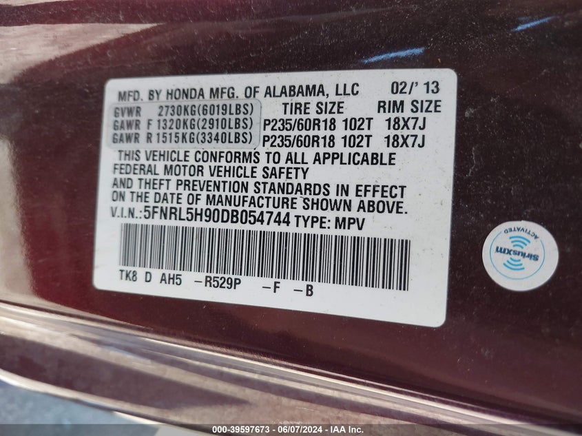 2013 Honda Odyssey Touring/Touring Elite VIN: 5FNRL5H90DB054744 Lot: 39597673