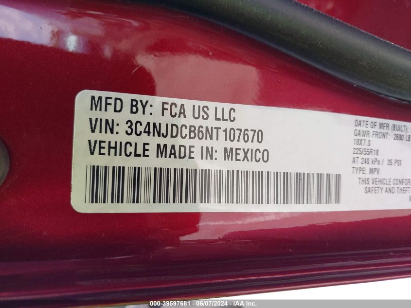 2022 Jeep Compass Limited 4X4 VIN: 3C4NJDCB6NT107670 Lot: 39597681