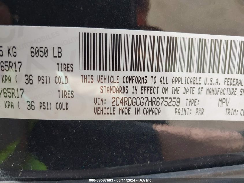 2017 Dodge Grand Caravan Sxt VIN: 2C4RDGCG7HR675259 Lot: 39597683