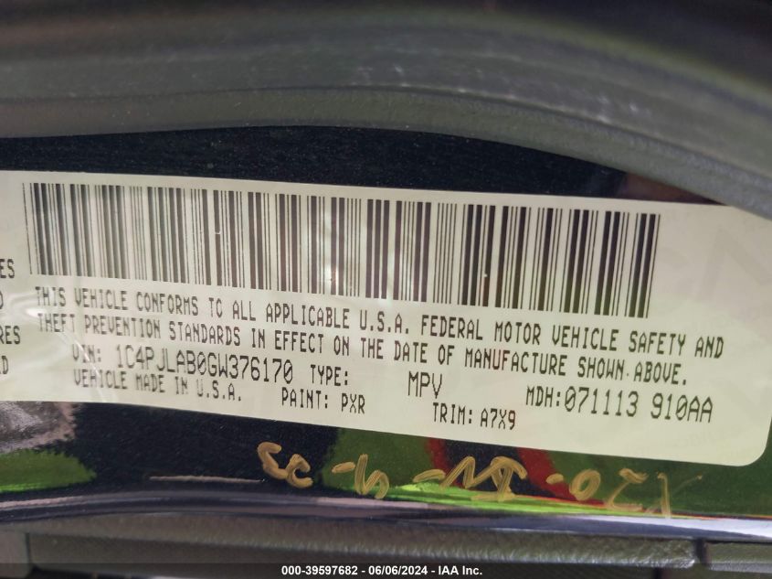 2016 Jeep Cherokee Sport VIN: 1C4PJLAB0GW376170 Lot: 39597682