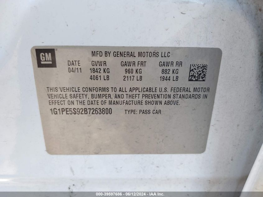 2011 Chevrolet Cruze Lt VIN: 1G1PE5S92B7263800 Lot: 39597686