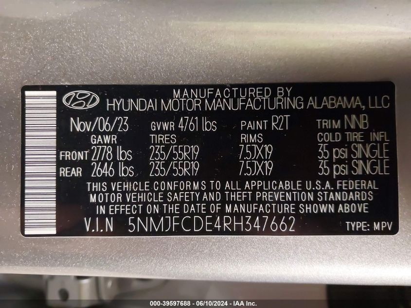 2024 Hyundai Tucson Sel VIN: 5NMJFCDE4RH347662 Lot: 39597688