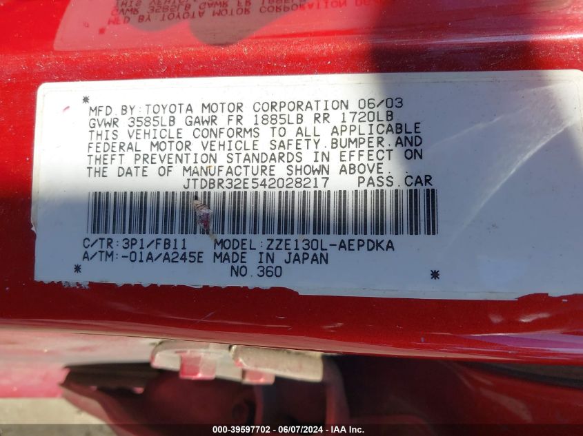 2004 Toyota Corolla Ce VIN: JTDBR32E542028217 Lot: 39597702