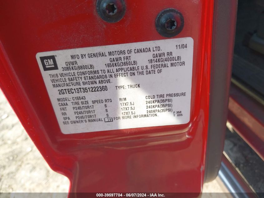 2005 GMC Sierra 1500 Sle VIN: 2GTEC13T351222360 Lot: 39597704