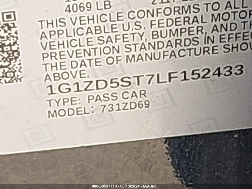 2020 Chevrolet Malibu Fwd Lt VIN: 1G1ZD5ST7LF152433 Lot: 39597710