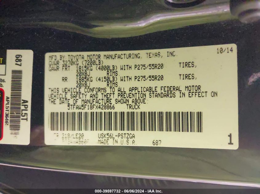 2015 Toyota Tundra Platinum 5.7L V8 VIN: 5TFAW5F18FX428866 Lot: 39597732