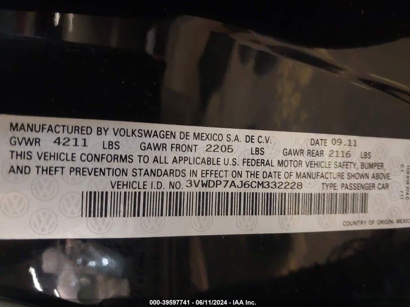 2012 Volkswagen Jetta 2.5L Se VIN: 3VWDP7AJ6CM332228 Lot: 39597741
