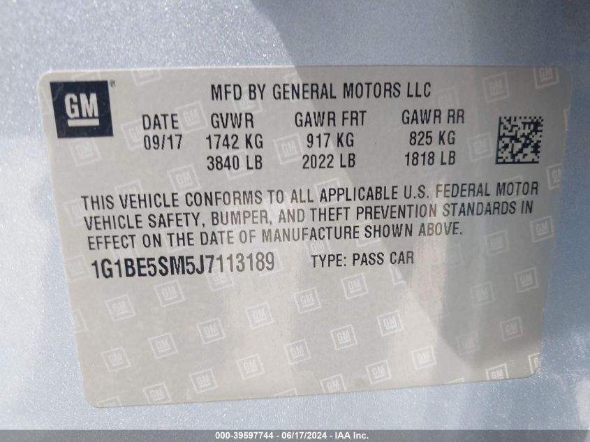 2018 Chevrolet Cruze Lt Auto VIN: 1G1BE5SM5J7113189 Lot: 39597744