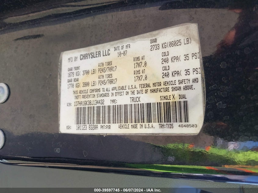 2008 Dodge Ram 1500 St/Sxt VIN: 1D7HA16K38J134432 Lot: 39597745