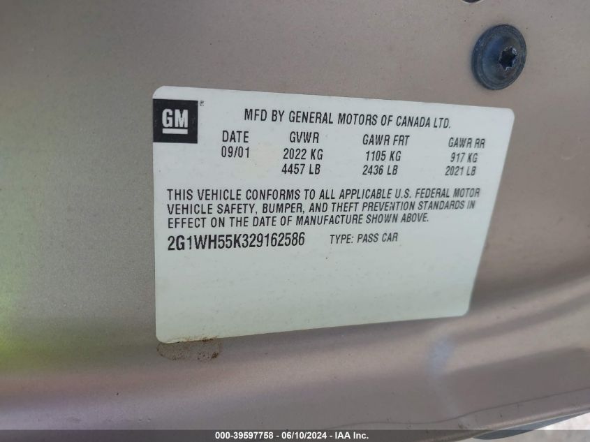 2002 Chevrolet Impala Ls VIN: 2G1WH55K329162586 Lot: 39597758