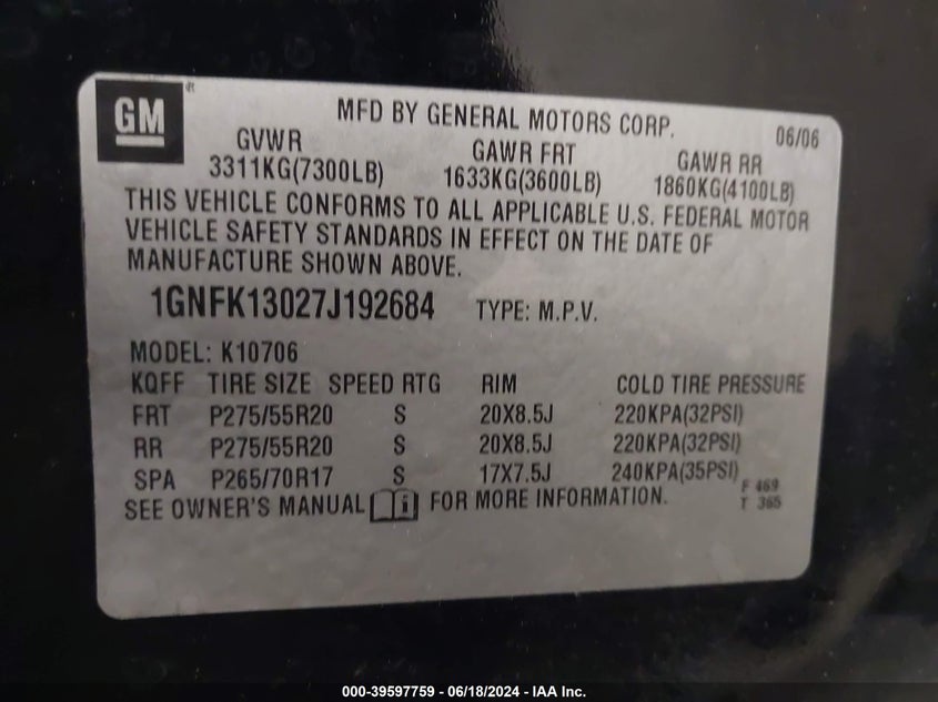 2007 Chevrolet Tahoe Ltz VIN: 1GNFK13027J192684 Lot: 39597759