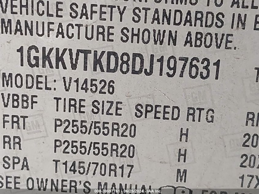 2013 GMC Acadia Denali VIN: 1GKKVTKD8DJ197631 Lot: 39597761