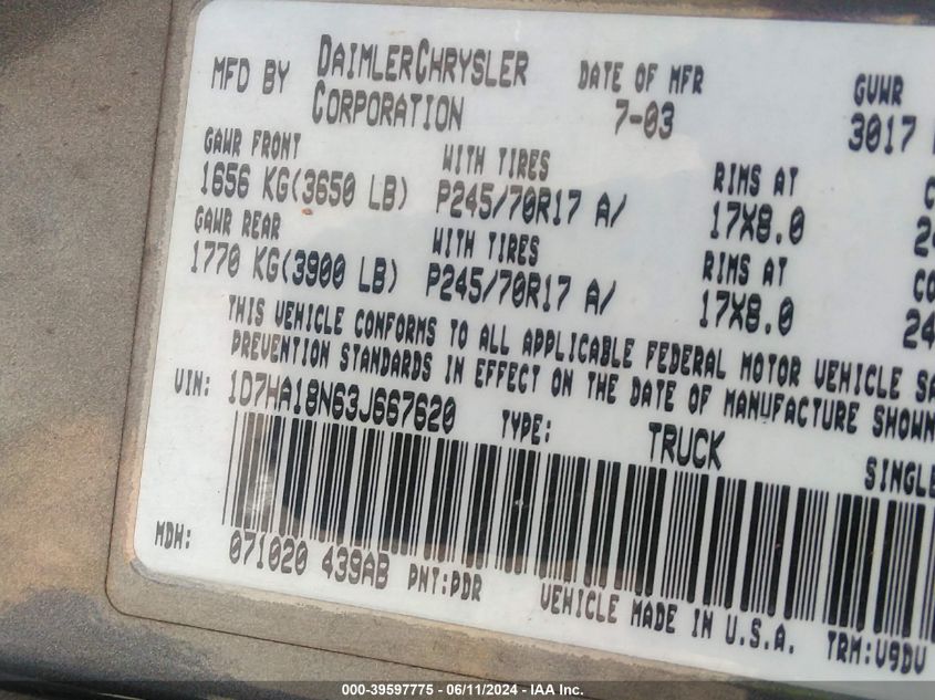 2003 Dodge Ram 1500 Slt/Laramie/St VIN: 1D7HA18N63J667620 Lot: 39597775