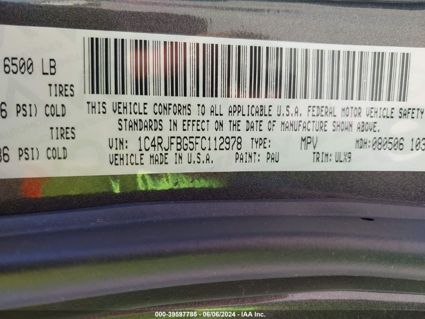 2015 Jeep Grand Cherokee Limited VIN: 1C4RJFBG5FC112978 Lot: 39597785