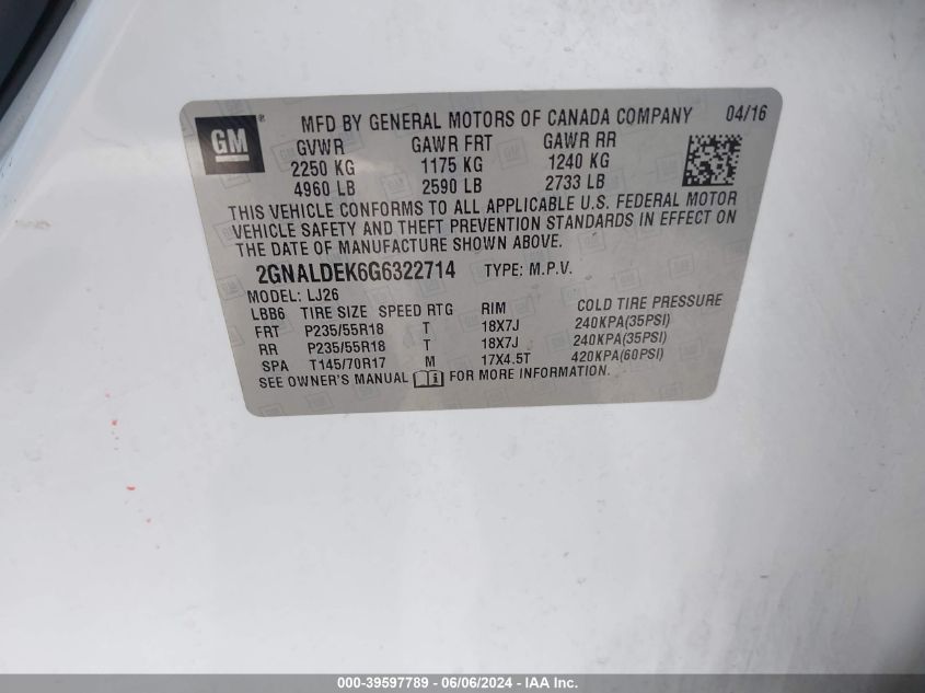 2016 Chevrolet Equinox Ltz VIN: 2GNALDEK6G6322714 Lot: 39597789