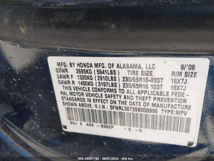 2009 Honda Odyssey Ex-L VIN: 5FNRL38739B008996 Lot: 39597792