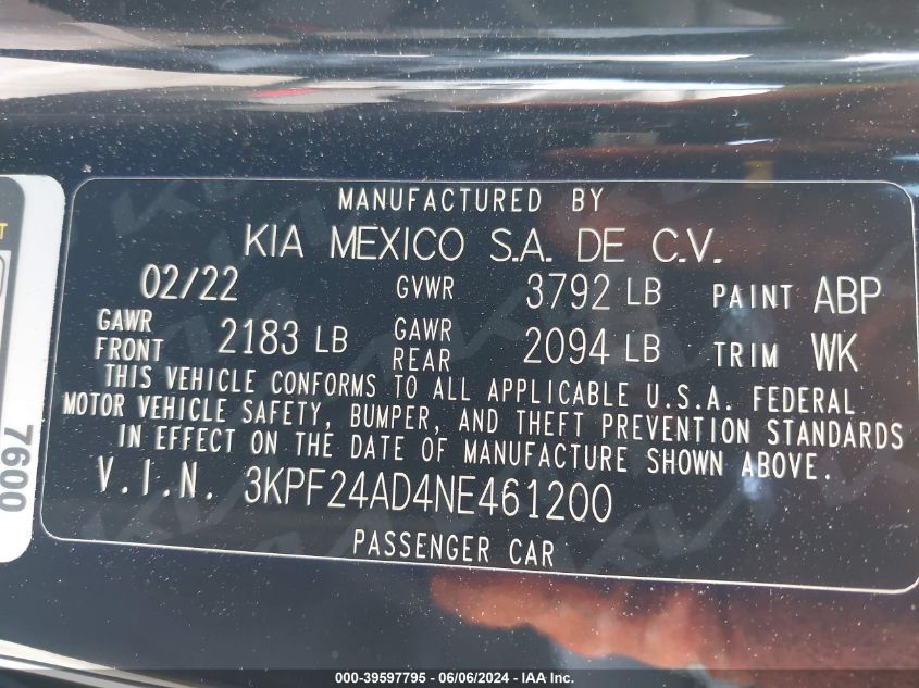 2022 Kia Forte Fe VIN: 3KPF24AD4NE461200 Lot: 39597795