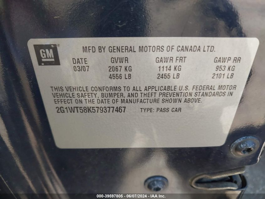2007 Chevrolet Impala Lt VIN: 2G1WT58K579377467 Lot: 39597805