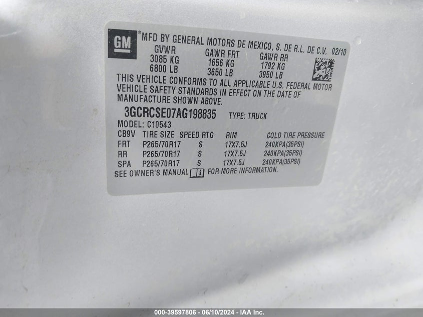 2010 Chevrolet Silverado 1500 Lt VIN: 3GCRCSE07AG198835 Lot: 39597806