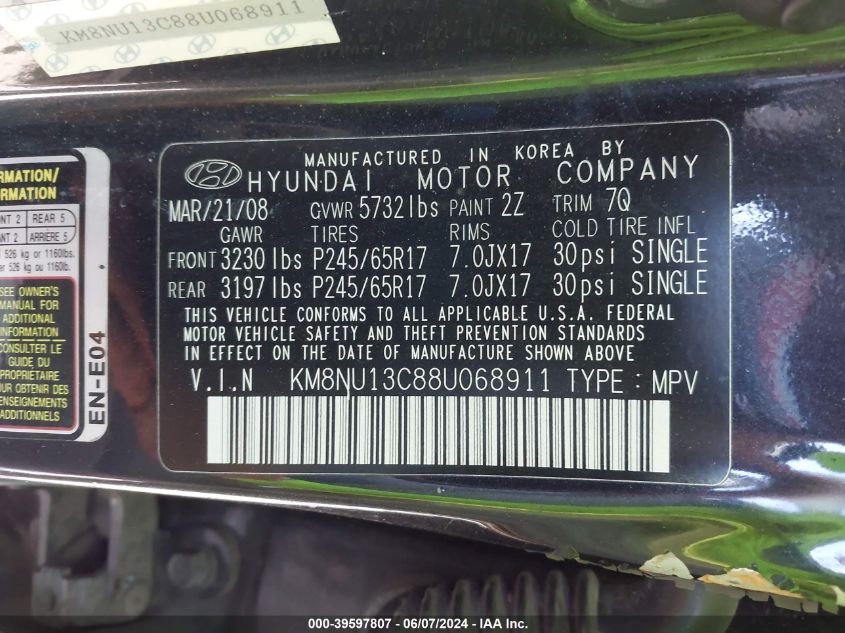 2008 Hyundai Veracruz Gls/Limited/Se VIN: KM8NU13C88U068911 Lot: 39597807